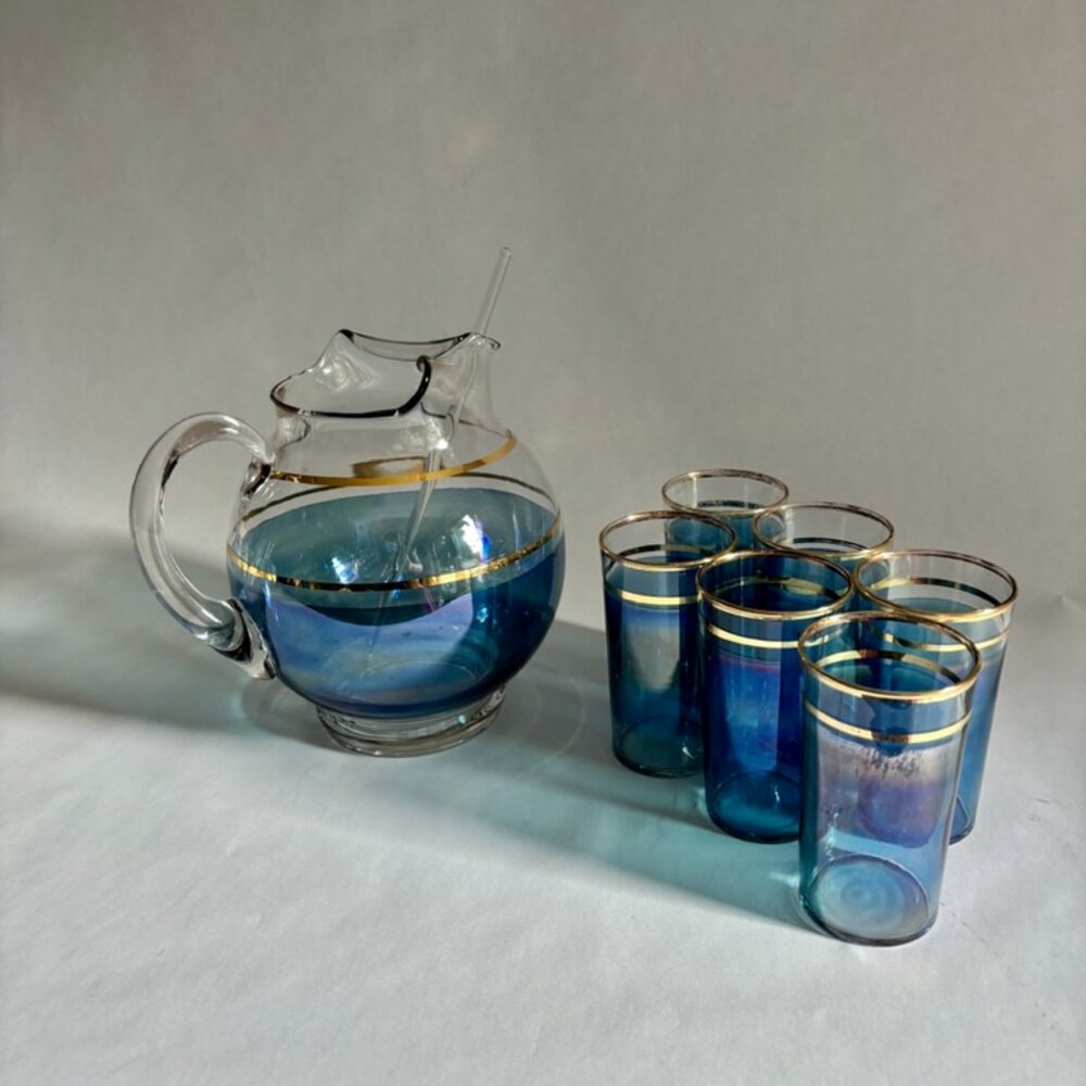 Vintage Iridescent Macbeth Evans Corning Upright Ball Pitcher & Glasses Set - Picture 8 of 14